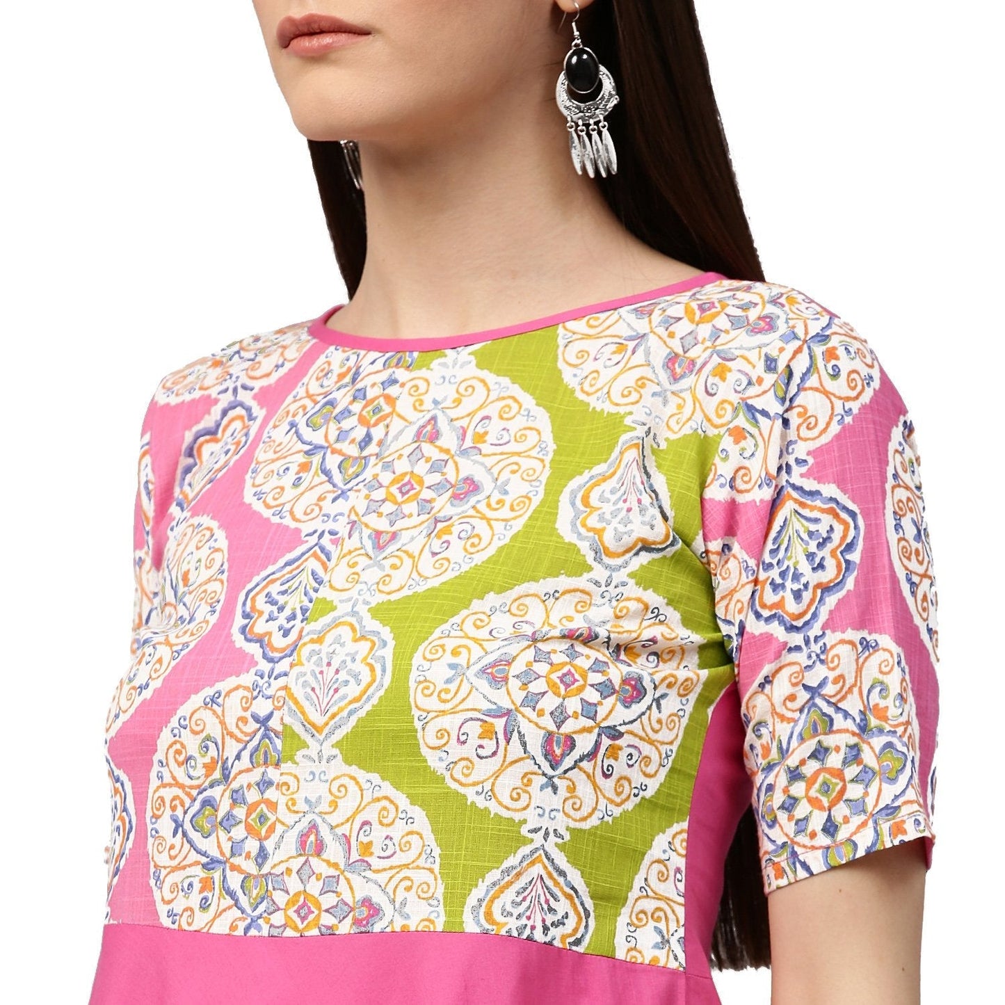 Pink Printed Half Sleeve Cotton Anarkali Kurta With Pocket | LASVINI - Redefining Indian Fashion with Elegance