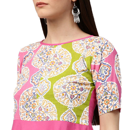 Pink Printed Half Sleeve Cotton Anarkali Kurta With Pocket | LASVINI - Redefining Indian Fashion with Elegance