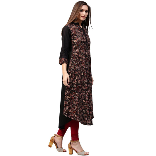 Black & Golden Printed 3/4Th Sleeve Cotton A-Line Kurta | LASVINI - Redefining Indian Fashion with Elegance