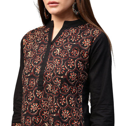 Black & Golden Printed 3/4Th Sleeve Cotton A-Line Kurta | LASVINI - Redefining Indian Fashion with Elegance