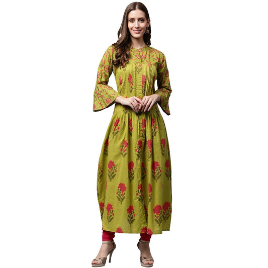 Green Printed 3/4Th Sleeve Cotton Anarkali Kurta | LASVINI - Redefining Indian Fashion with Elegance