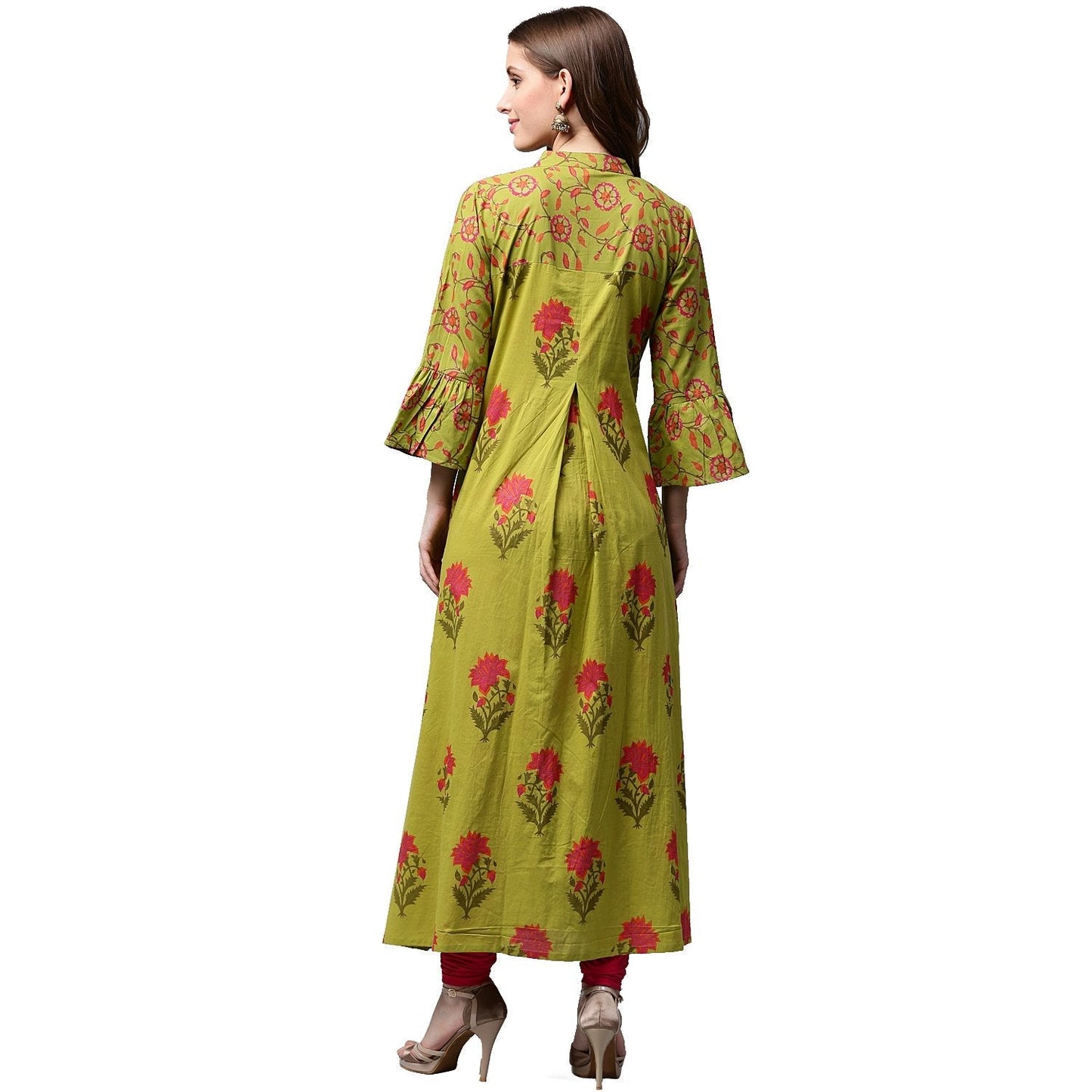 Green Printed 3/4Th Sleeve Cotton Anarkali Kurta | LASVINI - Redefining Indian Fashion with Elegance