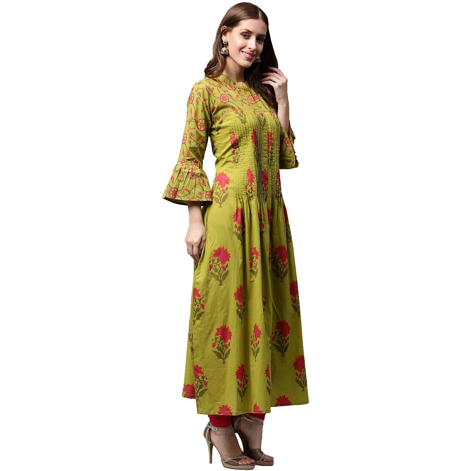 Green Printed 3/4Th Sleeve Cotton Anarkali Kurta | LASVINI - Redefining Indian Fashion with Elegance