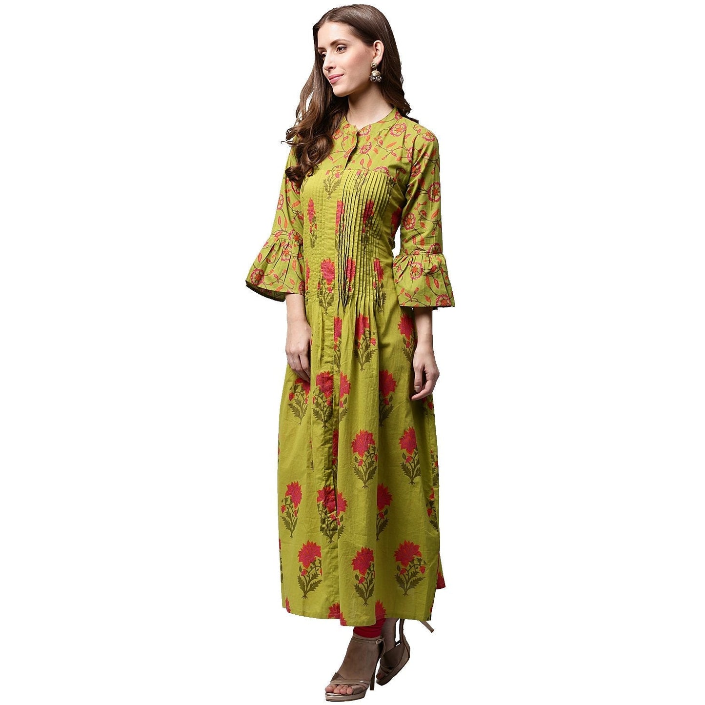 Green Printed 3/4Th Sleeve Cotton Anarkali Kurta | LASVINI - Redefining Indian Fashion with Elegance