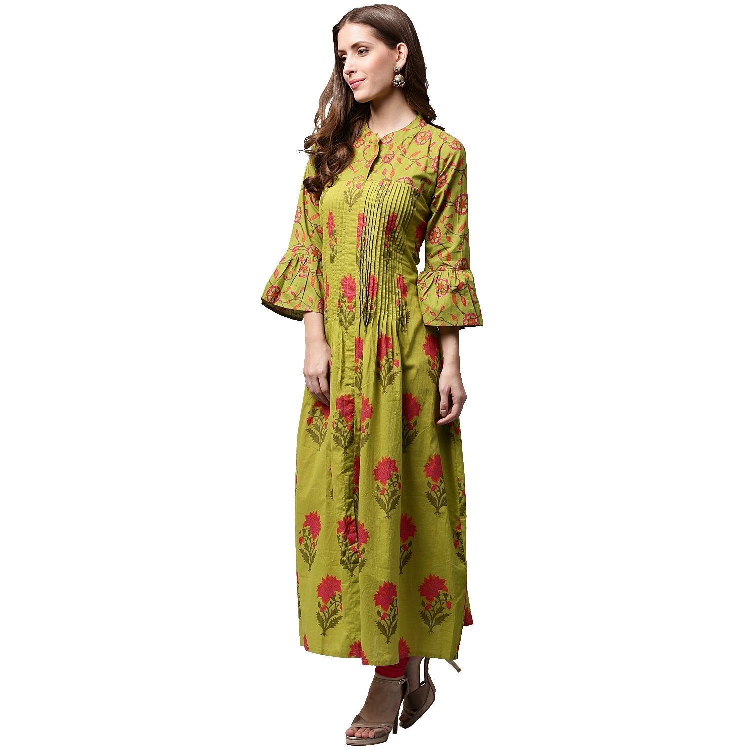 Green Printed 3/4Th Sleeve Cotton Anarkali Kurta | LASVINI - Redefining Indian Fashion with Elegance