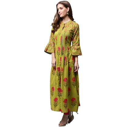 Green Printed 3/4Th Sleeve Cotton Anarkali Kurta | LASVINI - Redefining Indian Fashion with Elegance
