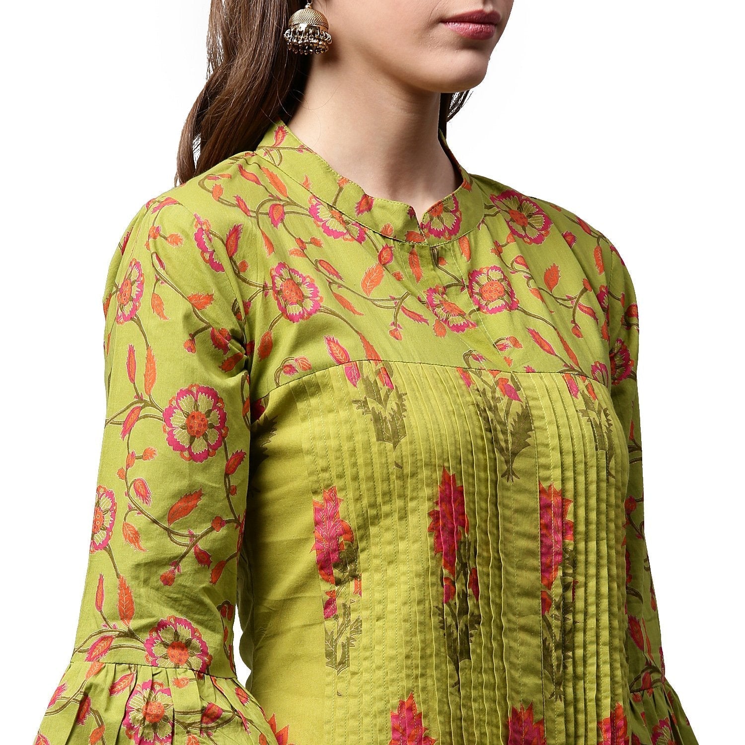 Green Printed 3/4Th Sleeve Cotton Anarkali Kurta | LASVINI - Redefining Indian Fashion with Elegance