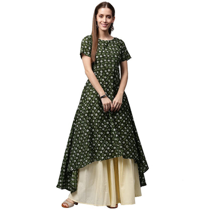 Green Printed Half Sleeve Cotton Low High A-Line Kurta With Off White Palazzo | LASVINI - Redefining Indian Fashion with Elegance