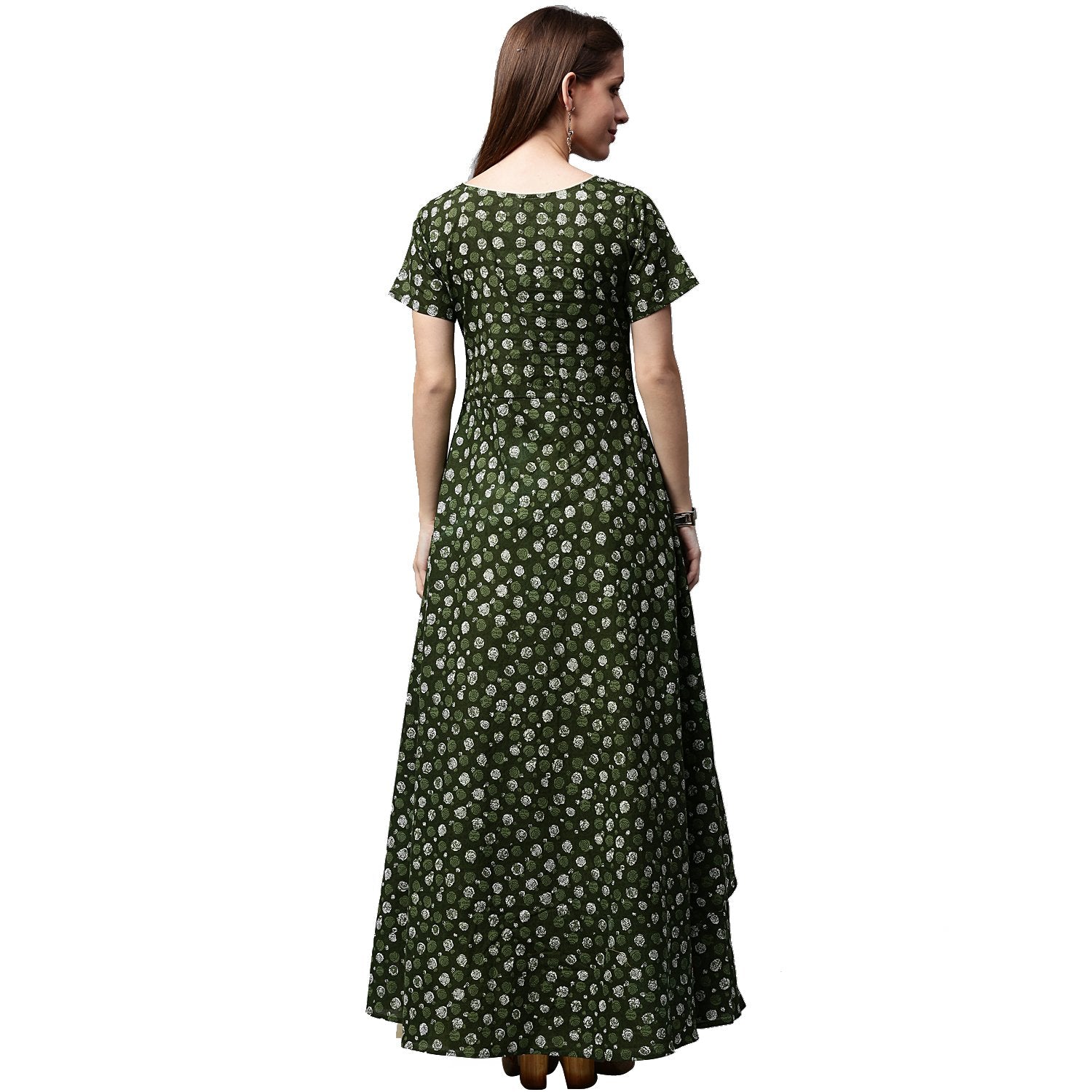 Green Printed Half Sleeve Cotton Low High A-Line Kurta With Off White Palazzo | LASVINI - Redefining Indian Fashion with Elegance