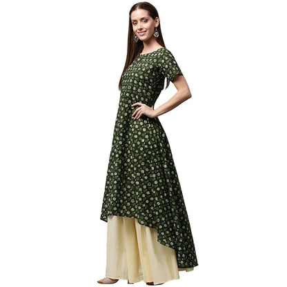 Green Printed Half Sleeve Cotton Low High A-Line Kurta With Off White Palazzo | LASVINI - Redefining Indian Fashion with Elegance