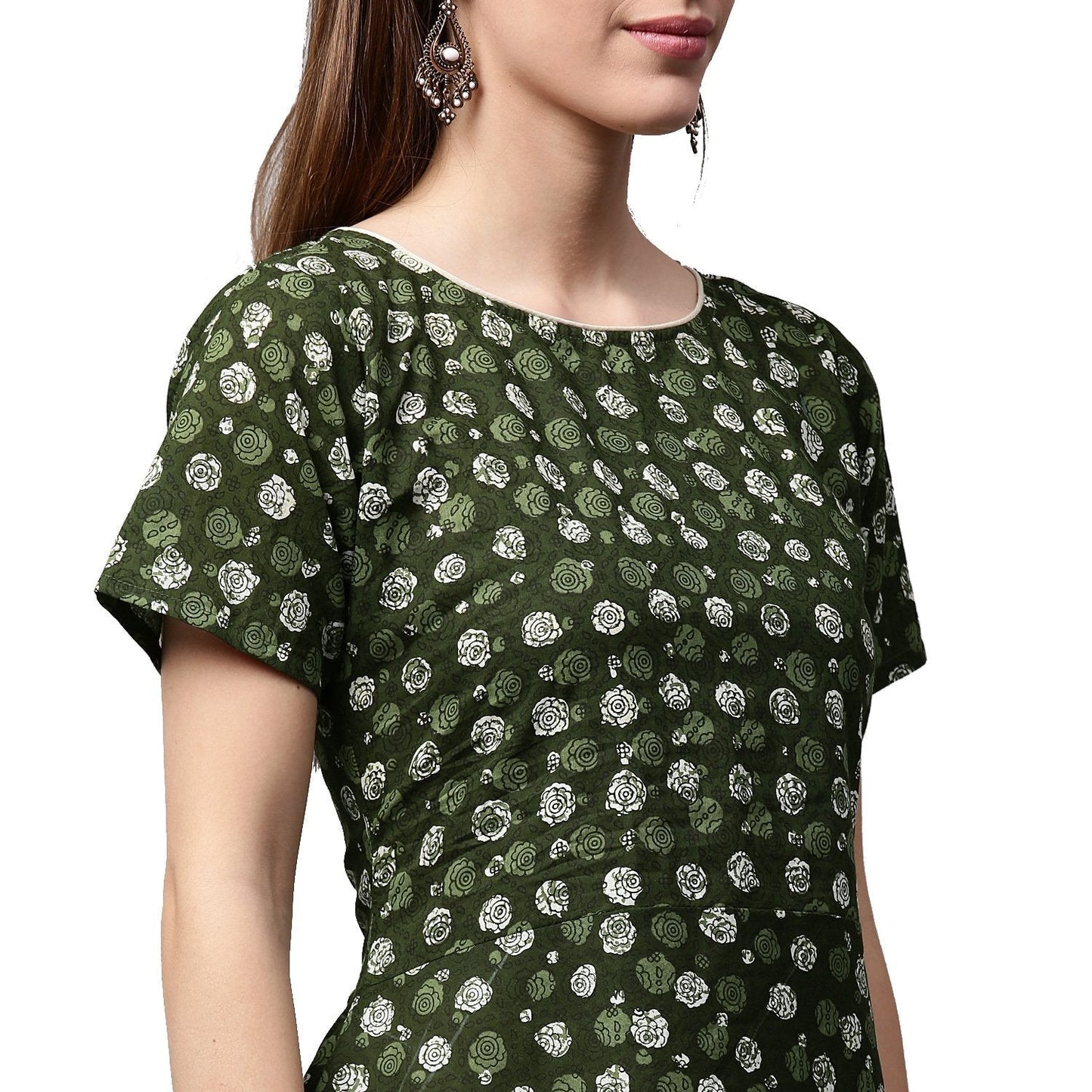 Green Printed Half Sleeve Cotton Low High A-Line Kurta With Off White Palazzo | LASVINI - Redefining Indian Fashion with Elegance