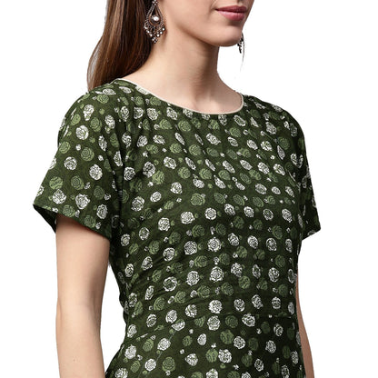 Green Printed Half Sleeve Cotton Low High A-Line Kurta With Off White Palazzo | LASVINI - Redefining Indian Fashion with Elegance