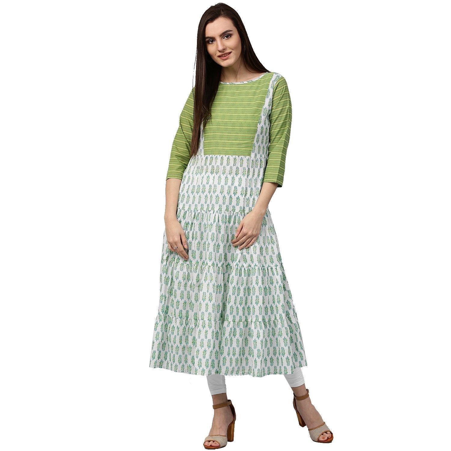 White & Green Printed 3/4Th Sleeve Cotton Anarkali Kurta | LASVINI - Redefining Indian Fashion with Elegance