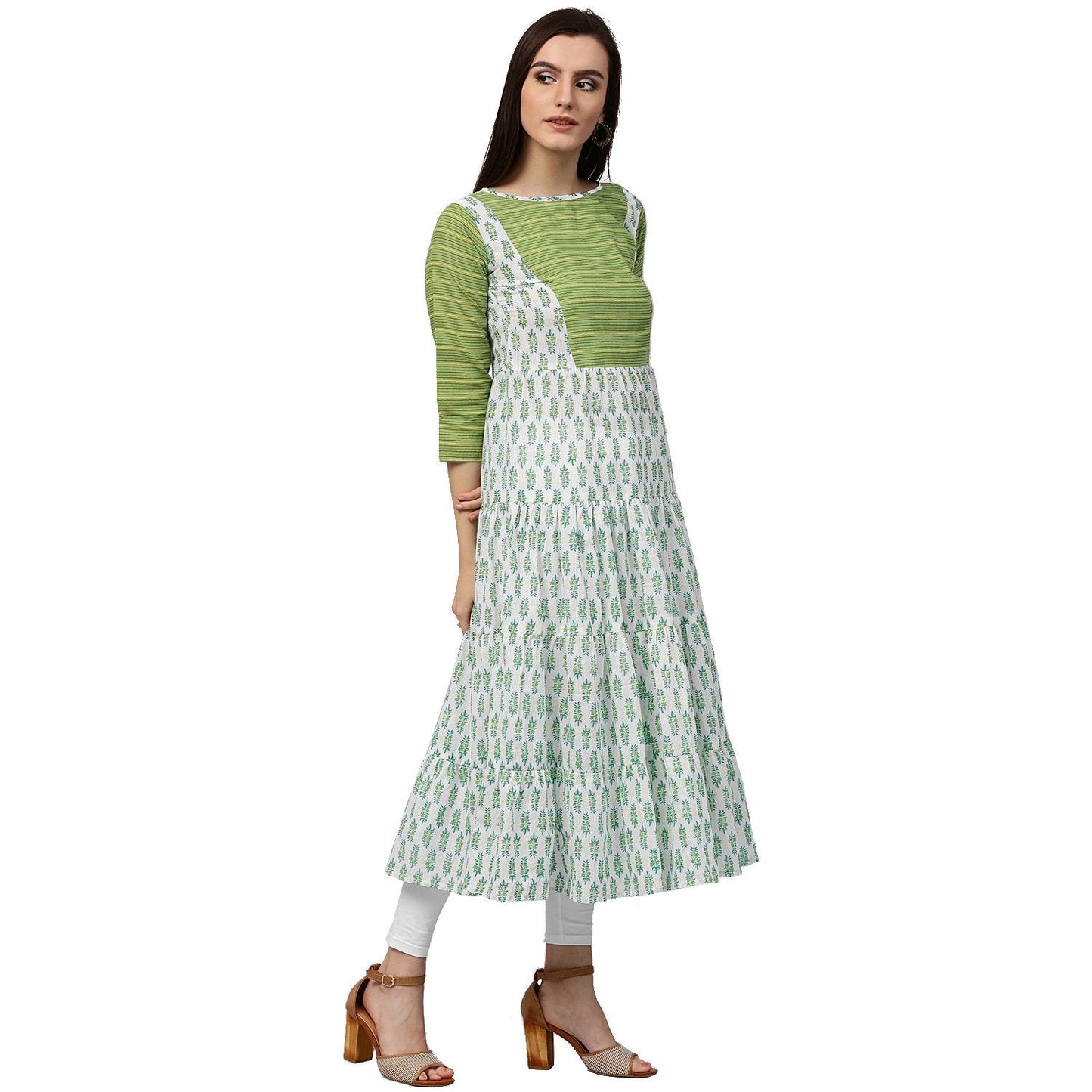 White & Green Printed 3/4Th Sleeve Cotton Anarkali Kurta | LASVINI - Redefining Indian Fashion with Elegance