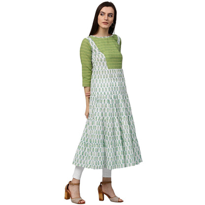 White & Green Printed 3/4Th Sleeve Cotton Anarkali Kurta | LASVINI - Redefining Indian Fashion with Elegance