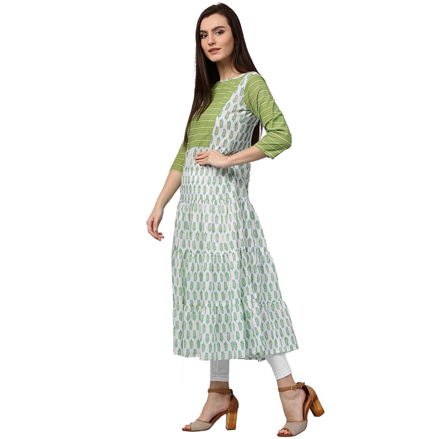 White & Green Printed 3/4Th Sleeve Cotton Anarkali Kurta | LASVINI - Redefining Indian Fashion with Elegance