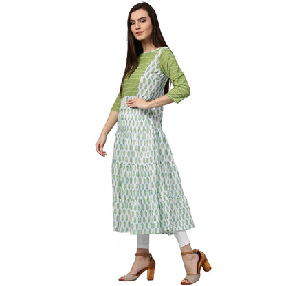 White & Green Printed 3/4Th Sleeve Cotton Anarkali Kurta | LASVINI - Redefining Indian Fashion with Elegance