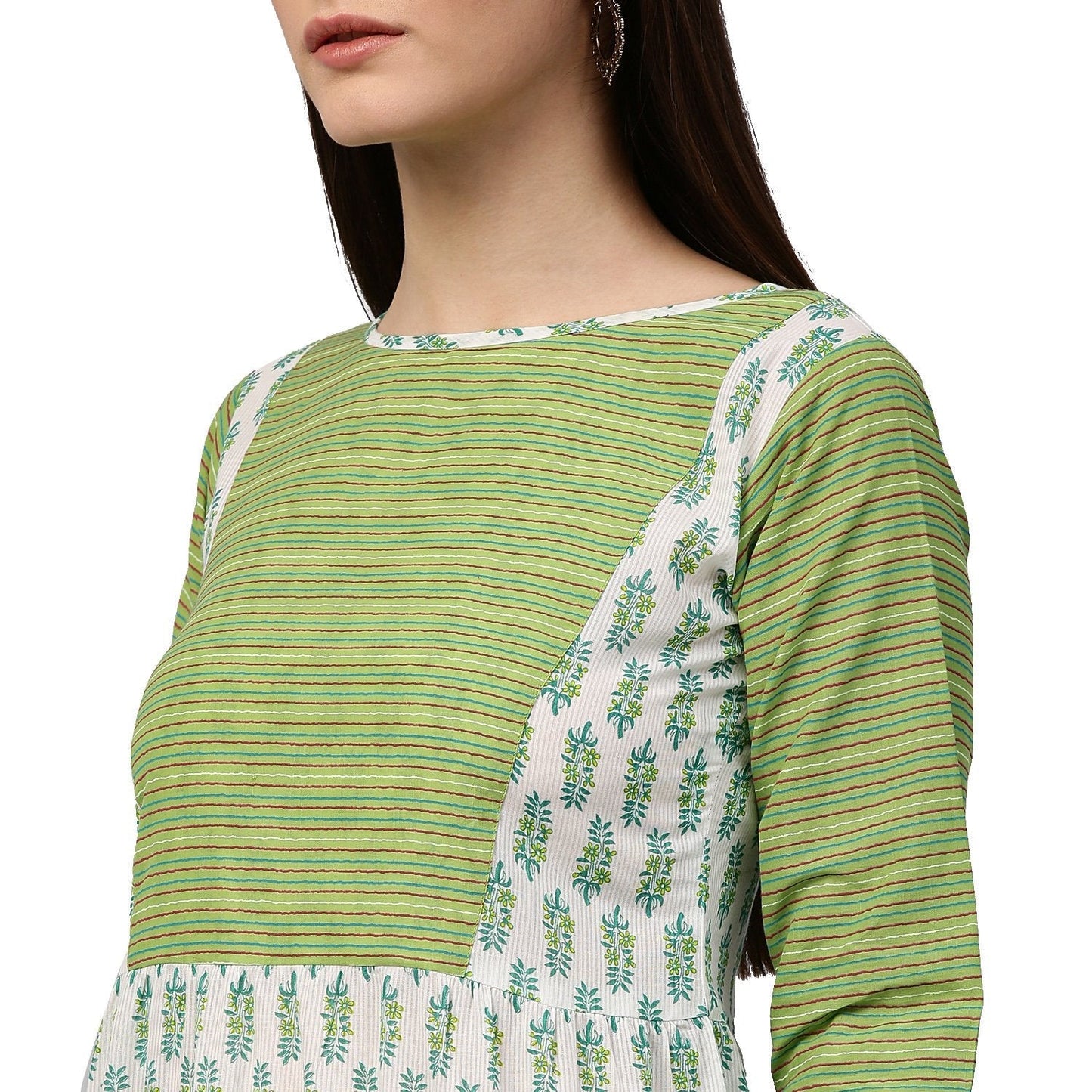 White & Green Printed 3/4Th Sleeve Cotton Anarkali Kurta | LASVINI - Redefining Indian Fashion with Elegance