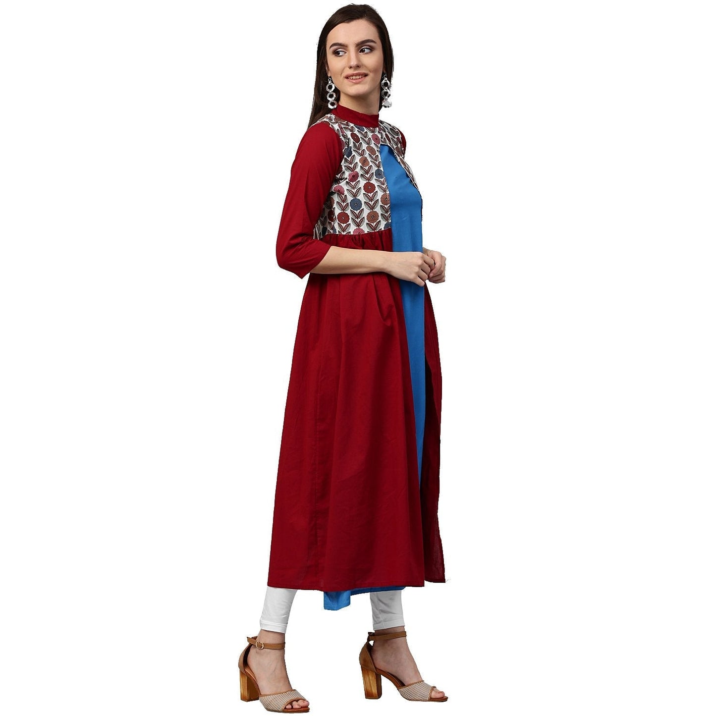 Maroon 3/4Th Sleeve Cotton Anarkali Kurta With Printed Yoke | LASVINI - Redefining Indian Fashion with Elegance