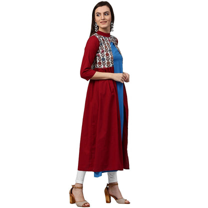 Maroon 3/4Th Sleeve Cotton Anarkali Kurta With Printed Yoke | LASVINI - Redefining Indian Fashion with Elegance
