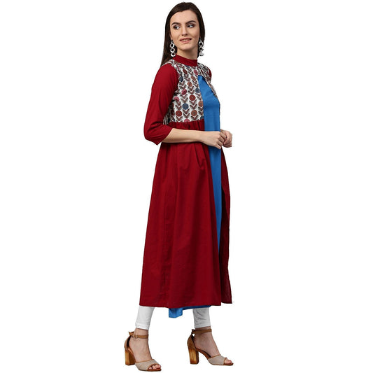 Maroon 3/4Th Sleeve Cotton Anarkali Kurta With Printed Yoke | LASVINI - Redefining Indian Fashion with Elegance
