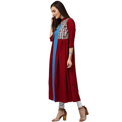 Maroon 3/4Th Sleeve Cotton Anarkali Kurta With Printed Yoke | LASVINI - Redefining Indian Fashion with Elegance