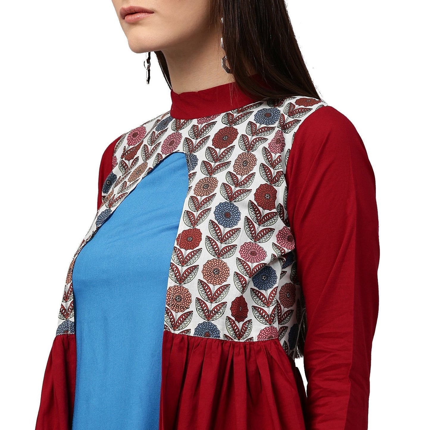 Maroon 3/4Th Sleeve Cotton Anarkali Kurta With Printed Yoke | LASVINI - Redefining Indian Fashion with Elegance