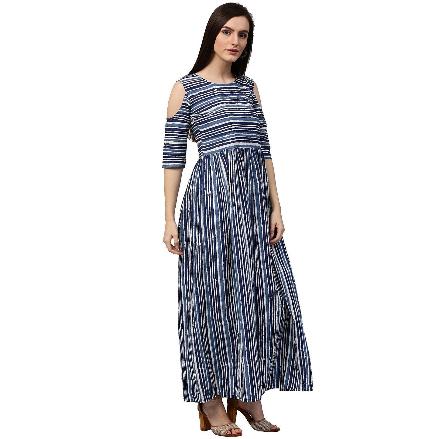 Blue Printed 3/4Th Sleeve Cold Shoulder Cotton Anarkali Kurta | LASVINI - Redefining Indian Fashion with Elegance