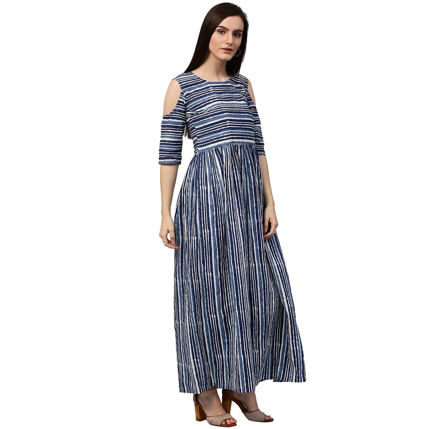 Blue Printed 3/4Th Sleeve Cold Shoulder Cotton Anarkali Kurta | LASVINI - Redefining Indian Fashion with Elegance