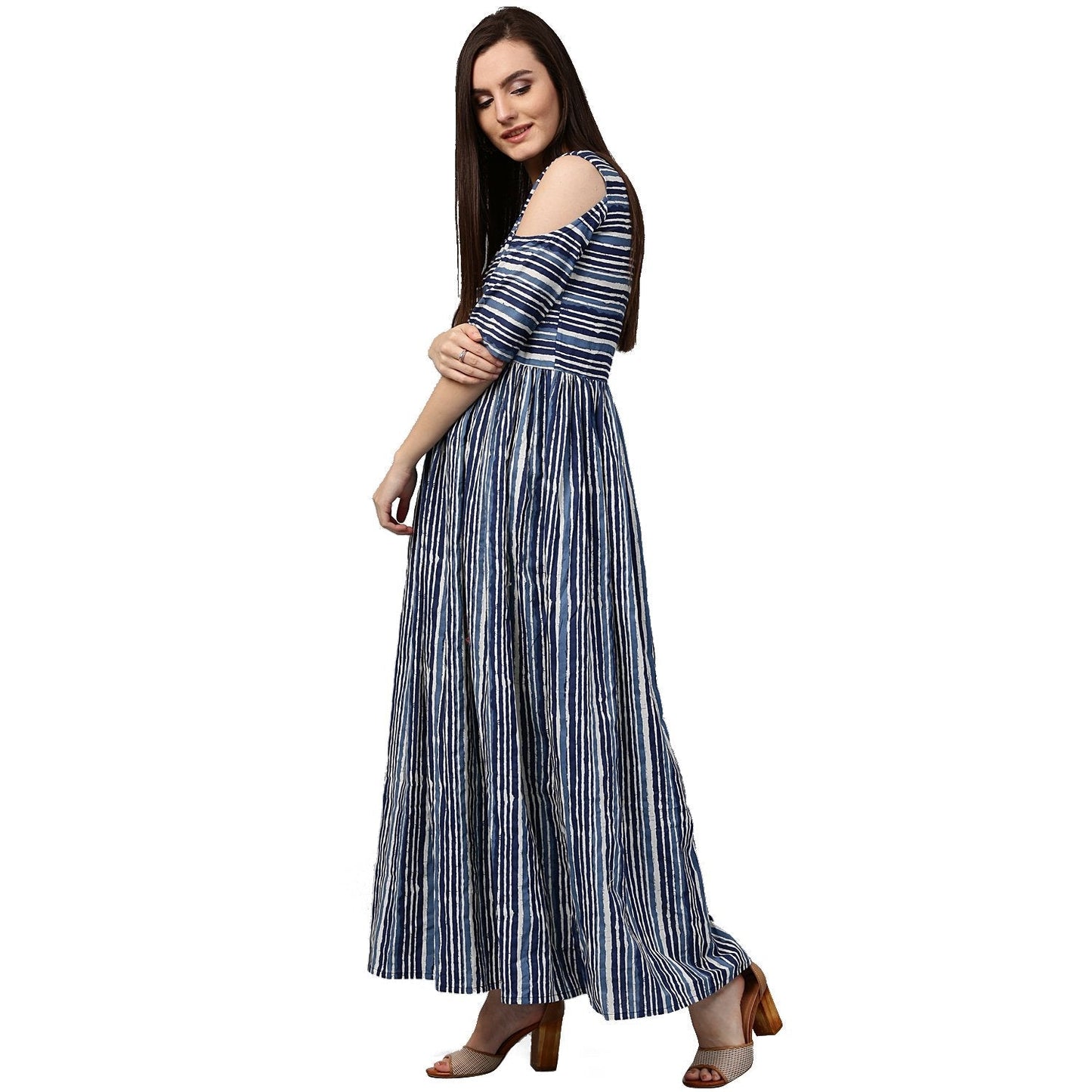 Blue Printed 3/4Th Sleeve Cold Shoulder Cotton Anarkali Kurta | LASVINI - Redefining Indian Fashion with Elegance