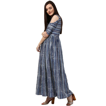 Blue Printed 3/4Th Sleeve Cold Shoulder Cotton Anarkali Kurta | LASVINI - Redefining Indian Fashion with Elegance