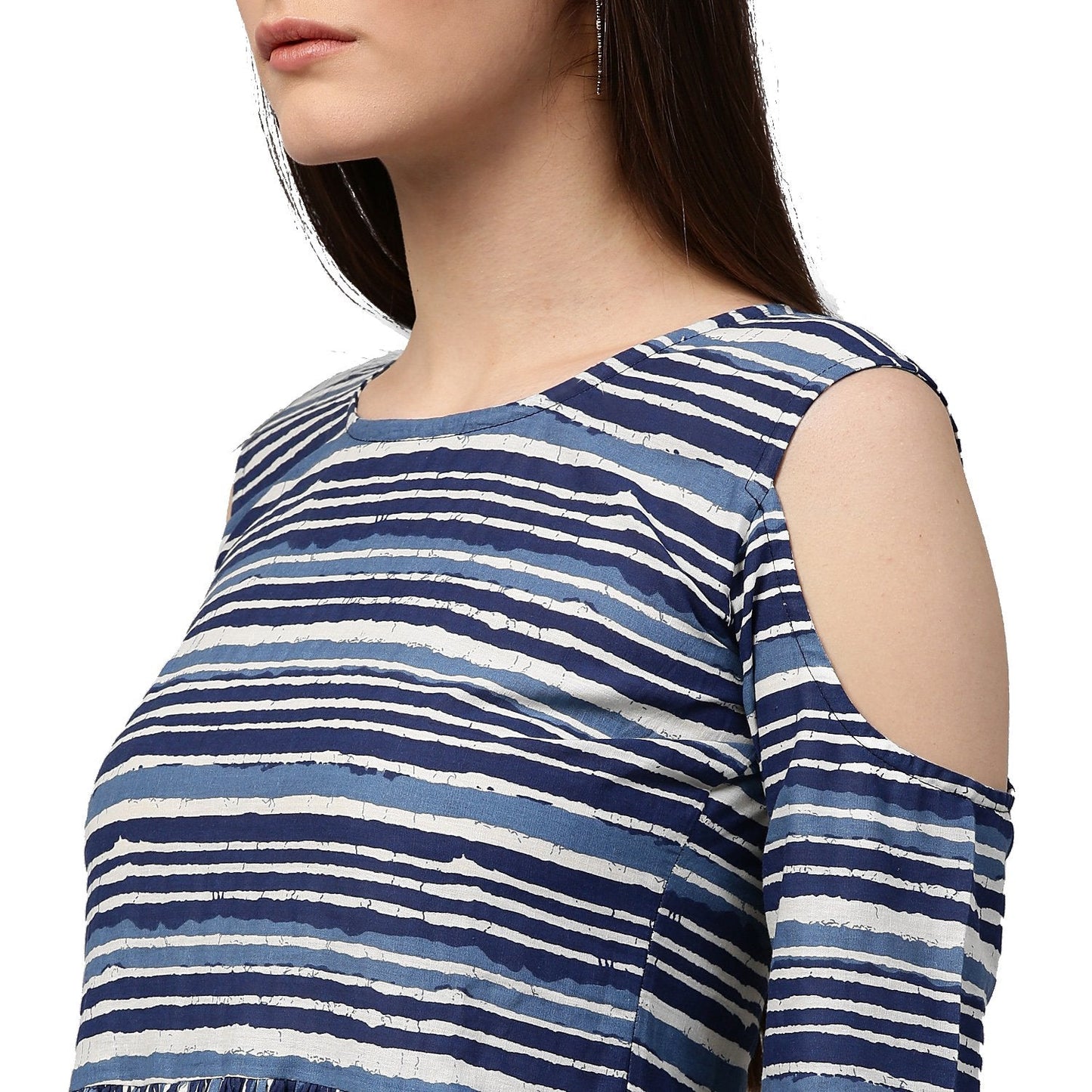 Blue Printed 3/4Th Sleeve Cold Shoulder Cotton Anarkali Kurta | LASVINI - Redefining Indian Fashion with Elegance