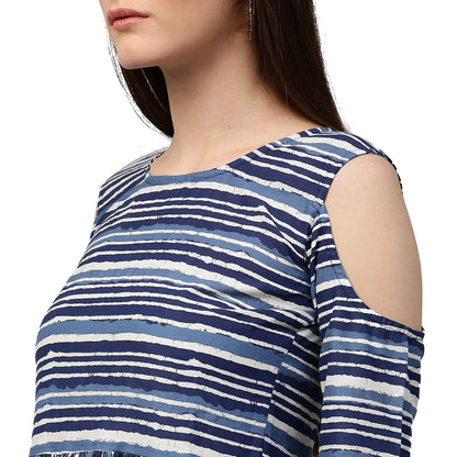 Blue Printed 3/4Th Sleeve Cold Shoulder Cotton Anarkali Kurta | LASVINI - Redefining Indian Fashion with Elegance