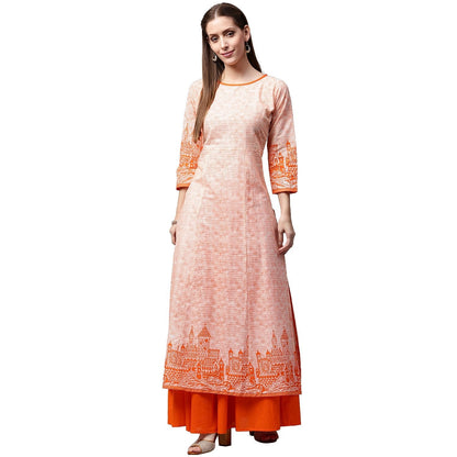 Peach Printed 3/4Th Sleeve Cotton A-Line Kurta With Orange Skirt | LASVINI - Redefining Indian Fashion with Elegance