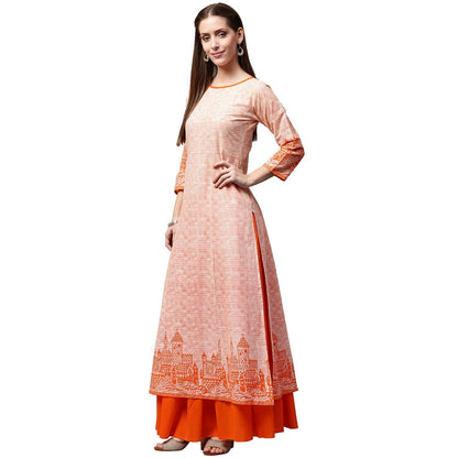 Peach Printed 3/4Th Sleeve Cotton A-Line Kurta With Orange Skirt | LASVINI - Redefining Indian Fashion with Elegance