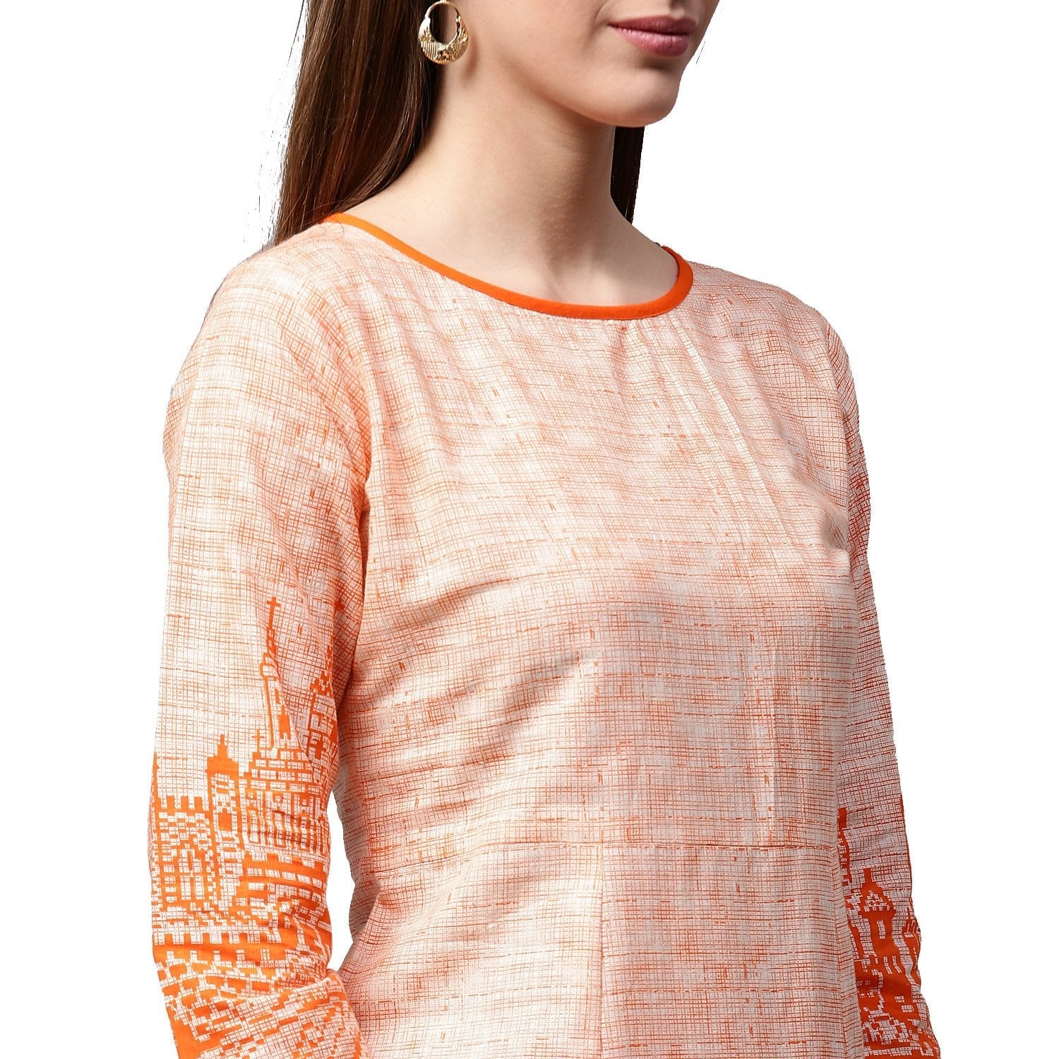 Peach Printed 3/4Th Sleeve Cotton A-Line Kurta With Orange Skirt | LASVINI - Redefining Indian Fashion with Elegance