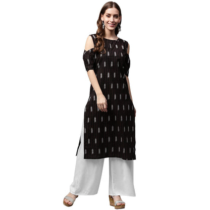 Black Printed Half Sleeve Cold Shoulder Kurta | LASVINI - Redefining Indian Fashion with Elegance