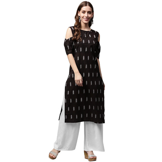 Black Printed Half Sleeve Cold Shoulder Kurta | LASVINI - Redefining Indian Fashion with Elegance