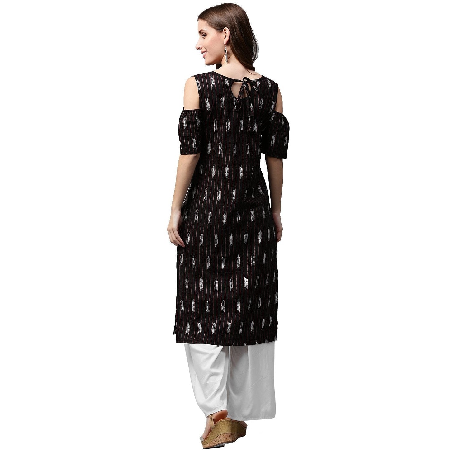 Black Printed Half Sleeve Cold Shoulder Kurta | LASVINI - Redefining Indian Fashion with Elegance