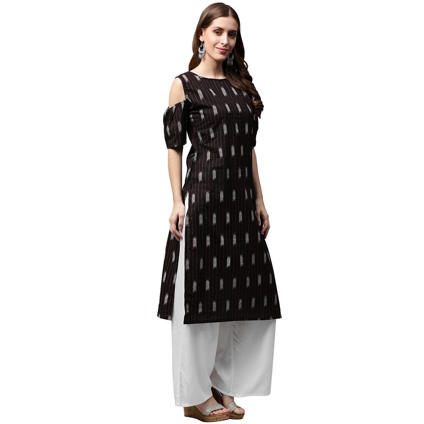 Black Printed Half Sleeve Cold Shoulder Kurta | LASVINI - Redefining Indian Fashion with Elegance