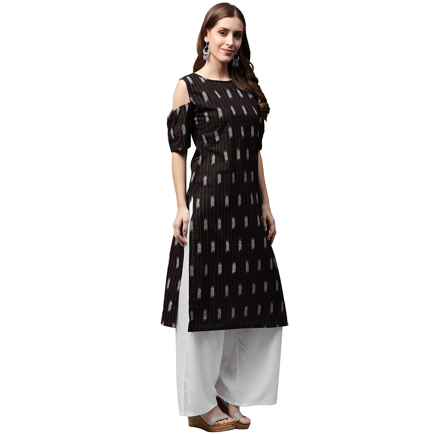 Black Printed Half Sleeve Cold Shoulder Kurta | LASVINI - Redefining Indian Fashion with Elegance