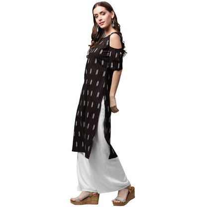 Black Printed Half Sleeve Cold Shoulder Kurta | LASVINI - Redefining Indian Fashion with Elegance