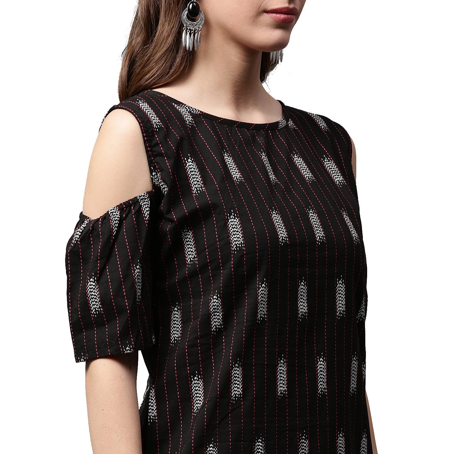 Black Printed Half Sleeve Cold Shoulder Kurta | LASVINI - Redefining Indian Fashion with Elegance