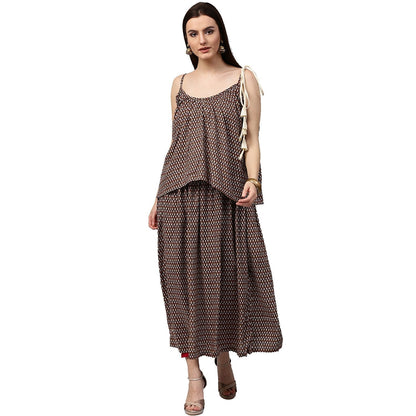 Coffee Brown Printed Sleeveless Cotton Anarkali Kurta | LASVINI - Redefining Indian Fashion with Elegance