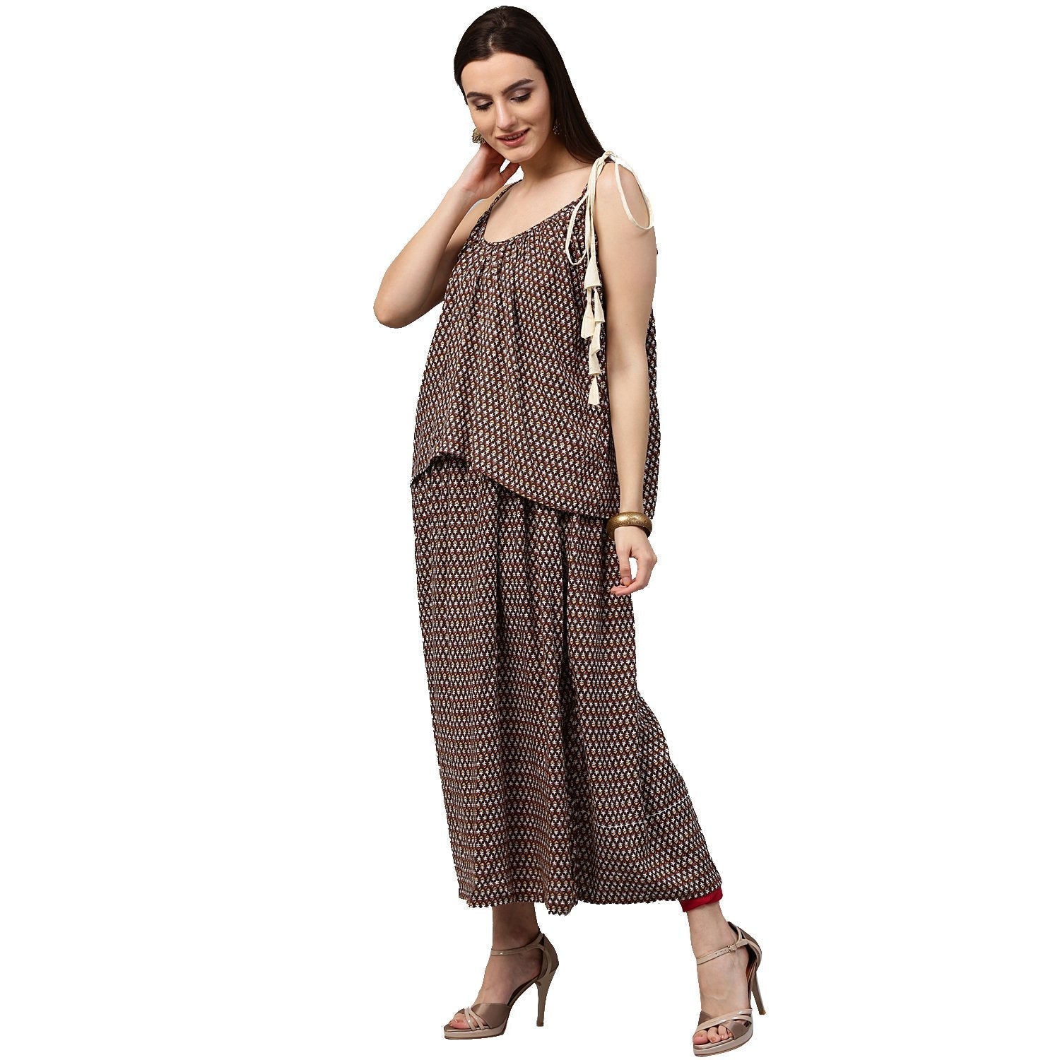 Coffee Brown Printed Sleeveless Cotton Anarkali Kurta | LASVINI - Redefining Indian Fashion with Elegance