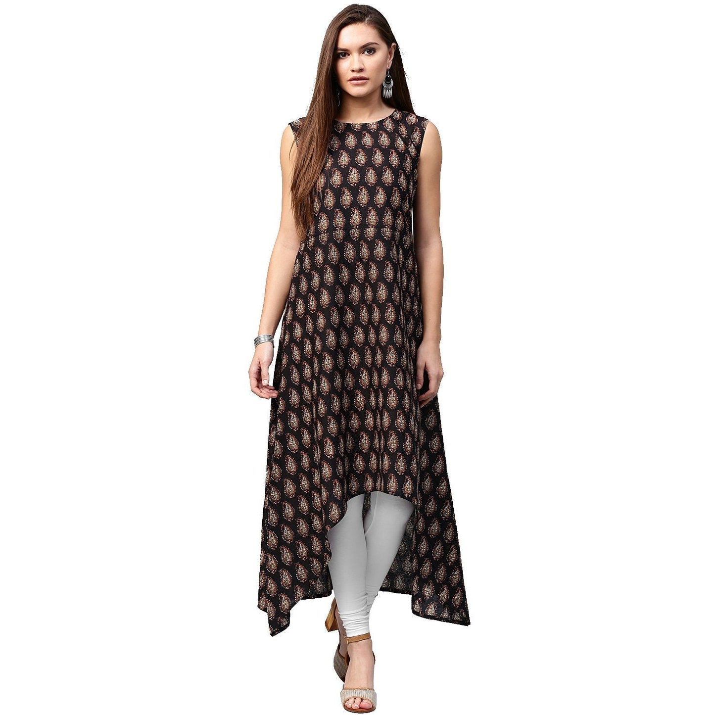 Black Printed Sleeveless Cotton A-Line Kurta | LASVINI - Redefining Indian Fashion with Elegance