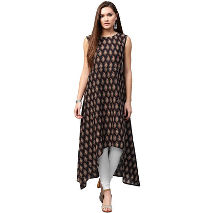 Black Printed Sleeveless Cotton A-Line Kurta | LASVINI - Redefining Indian Fashion with Elegance