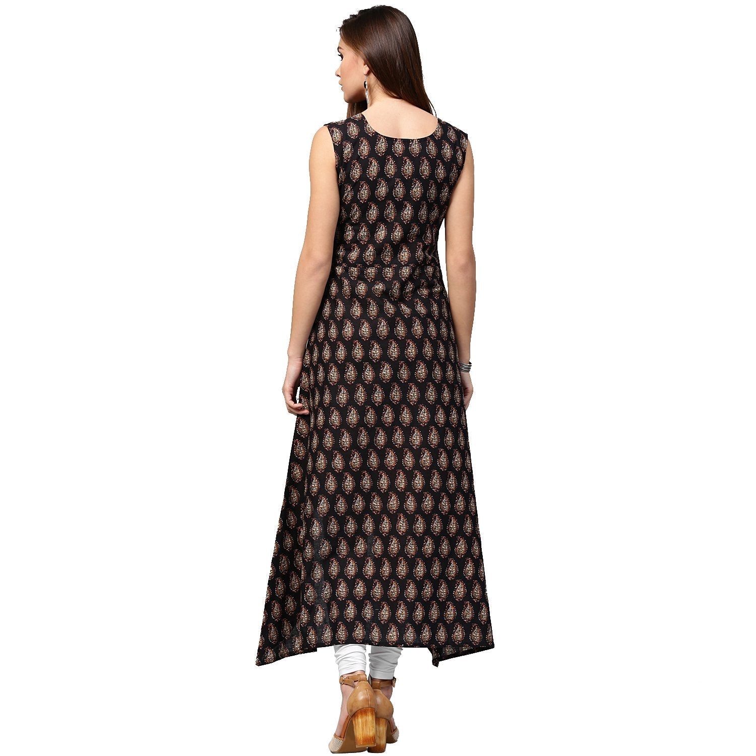 Black Printed Sleeveless Cotton A-Line Kurta | LASVINI - Redefining Indian Fashion with Elegance
