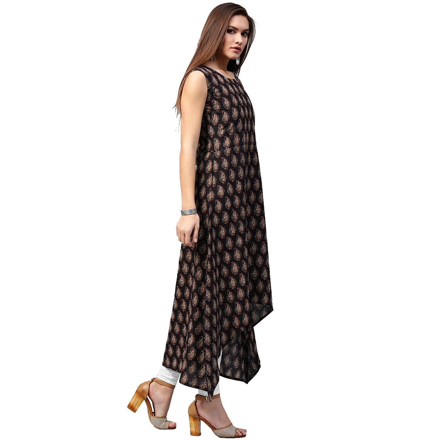 Black Printed Sleeveless Cotton A-Line Kurta | LASVINI - Redefining Indian Fashion with Elegance