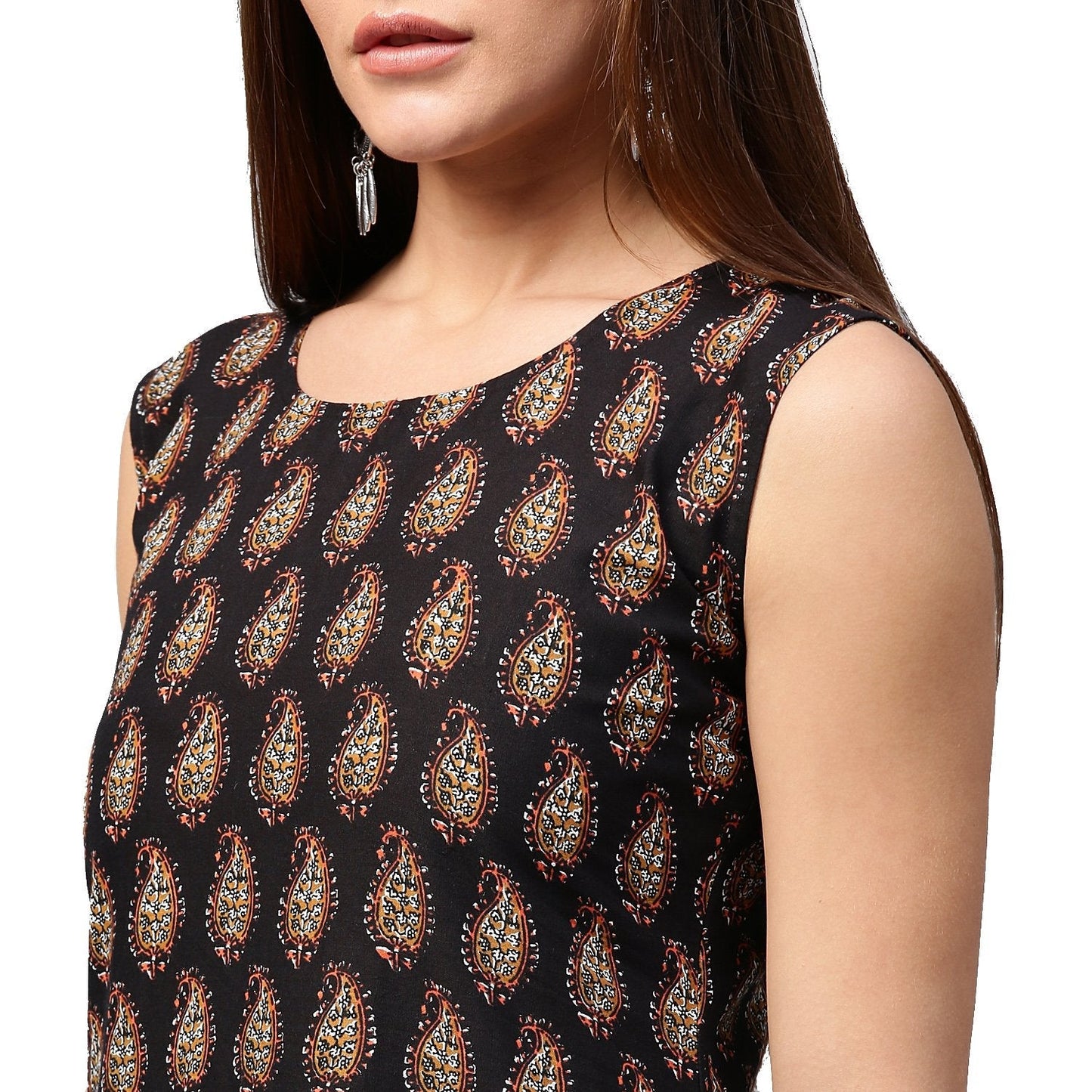 Black Printed Sleeveless Cotton A-Line Kurta | LASVINI - Redefining Indian Fashion with Elegance